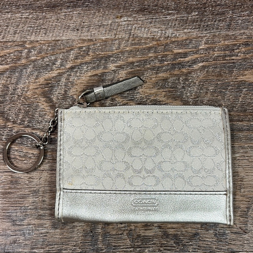 Coach Metallic Silver Leather Logo Keychain Wallet ID Holder